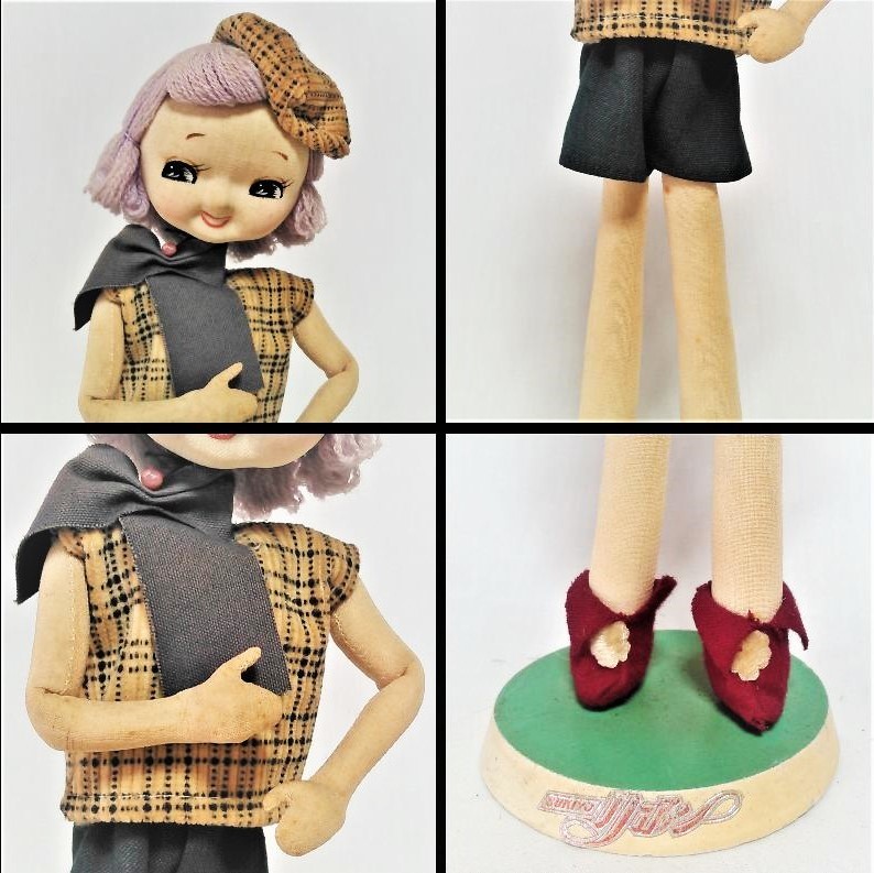◎昭和の人形《ベレ－帽を被ったポ－ズ人形》(SUKIYOリボンの銘有)〈ケ-ス無・中古〉◎_人形正面の４面各部分の拡大写真
