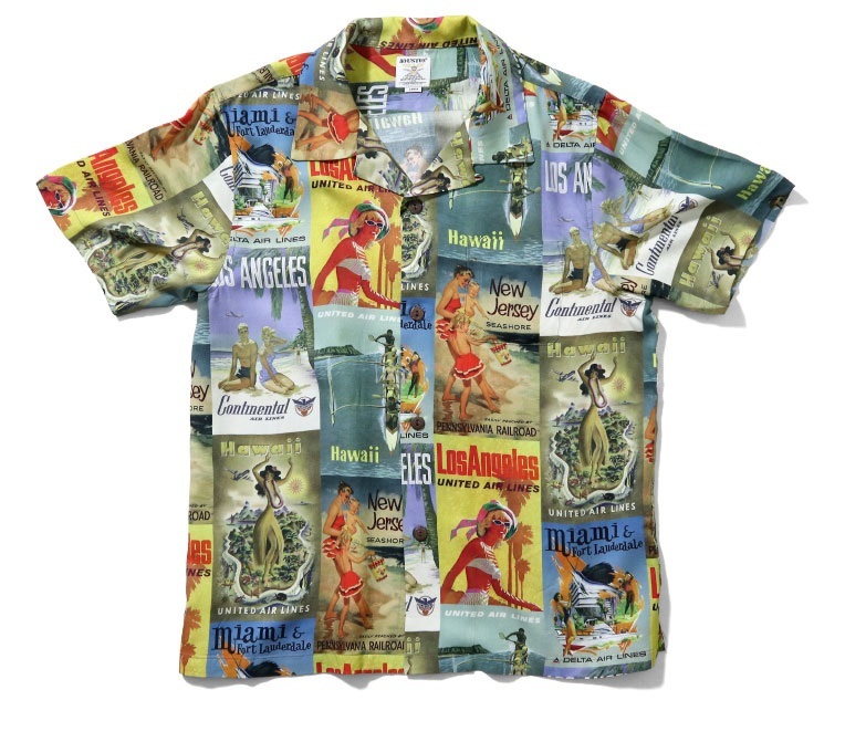 アロハシャツ　レーヨン　ビーチ　ポスター　M　ハワイ　旅行　ピンナップ　和柄　海水浴　アロハ　Hawaiian shirt　USA　米国　サンサーフ
