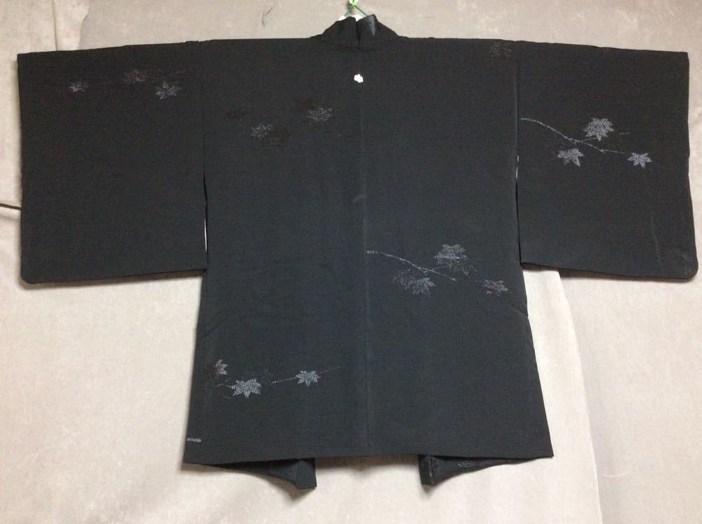 QM3443 和装 着物 絹素材 黒色 ラメの楓柄 五三桐紋 羽織_画像2