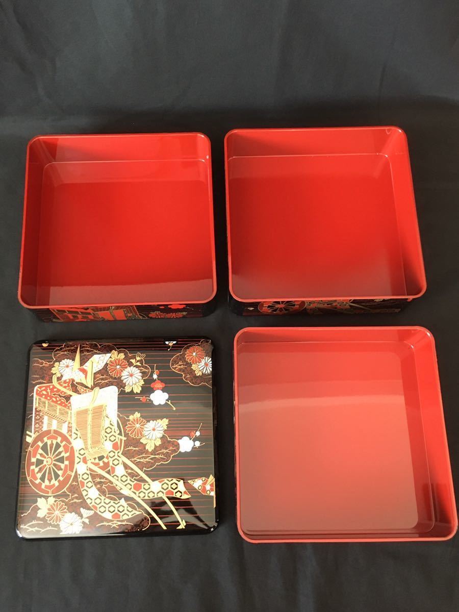 重箱 ④ 祝 お重 四角 合成漆器 和食器 お祝い 三段重 馬車 折り鶴 梅 菊 祝い 縁起物 _画像5