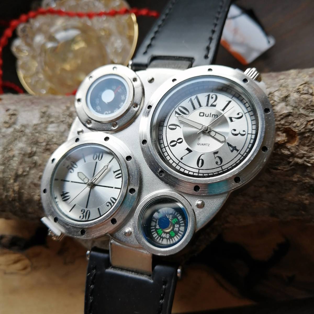 □新品□存在感抜群！腕時計 2アナログタイムゾーン oulm 本革ベルト