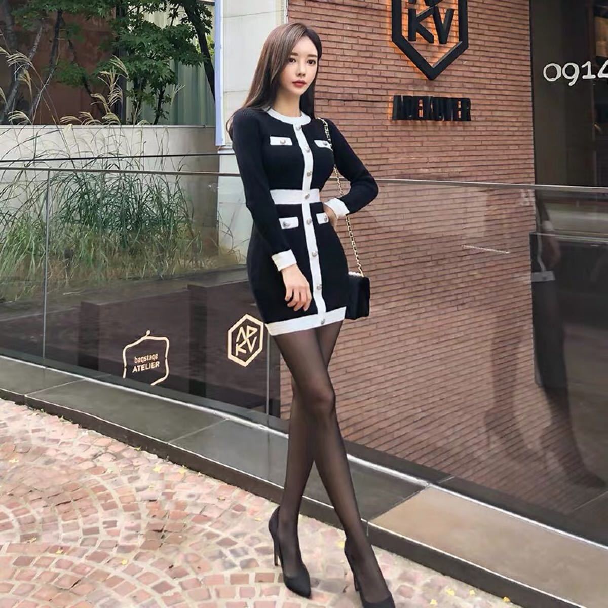 タイトワンピース ニットワンピースタイトミニ 長袖　韓国ファッションc706