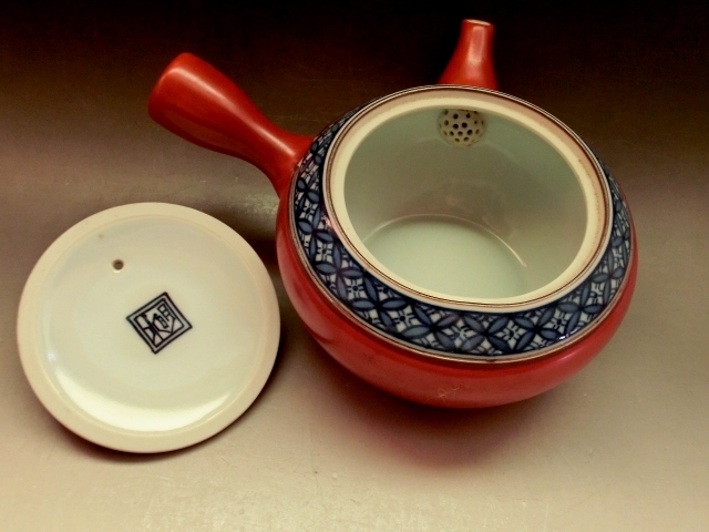 急須■明水 横手 染付朱色 煎茶器 赤 お茶道具 古美術 時代物 骨董品■_画像6