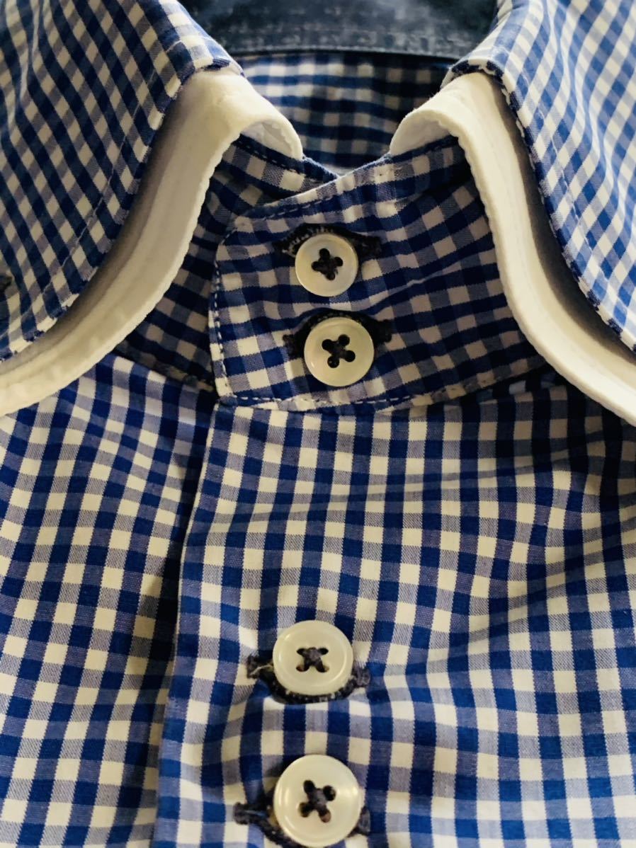 ★メンズ ZARAザラ ダブルカラー 青×白ギンガムチェックボタンダウンシャツ 長袖シャツ 綿100％ M_画像3