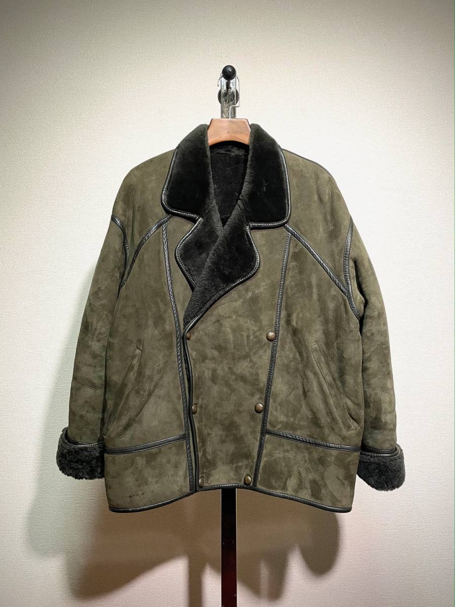 Paris made double breast mouton jacket L-XL green leather Rider's boa France 70s 80s 90s old clothes Old Vintage 