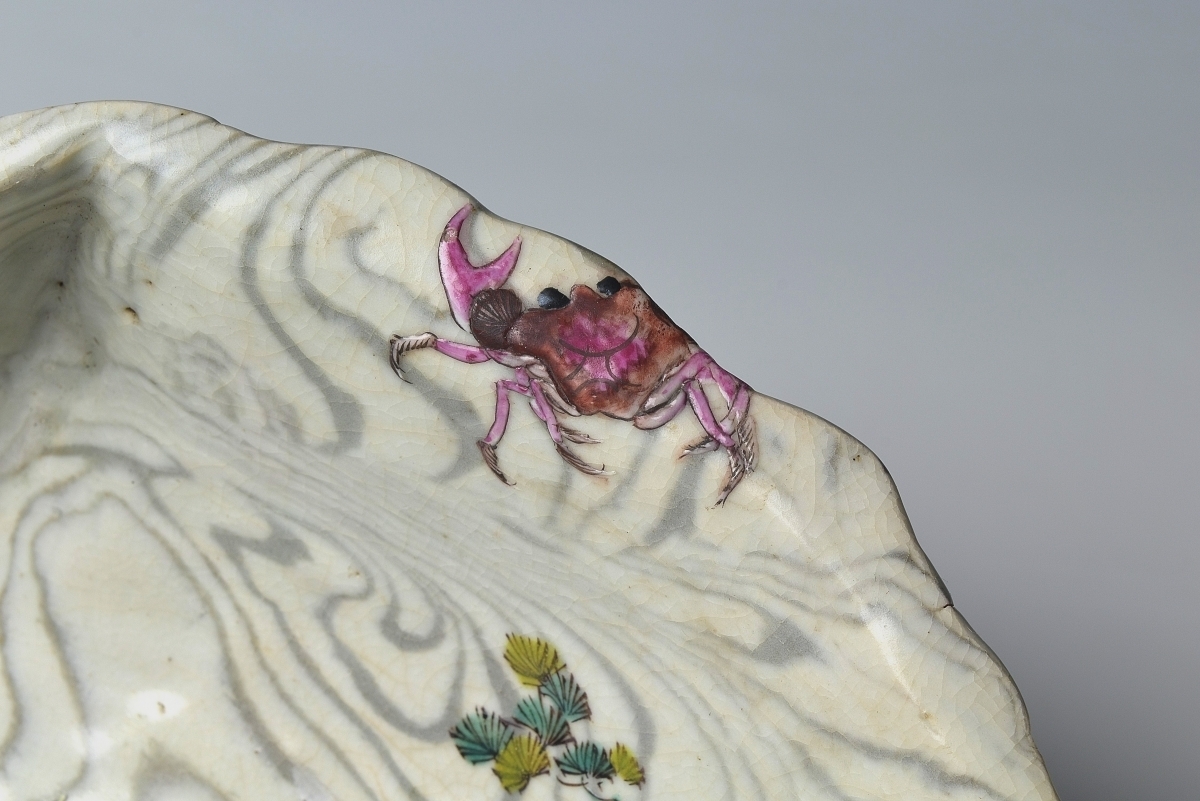 【趣楽】 希少　江戸時代　萬古焼　貝型貝に蟹図飾り鉢　幅２９ｃｍ　本物保証　J1291_画像5