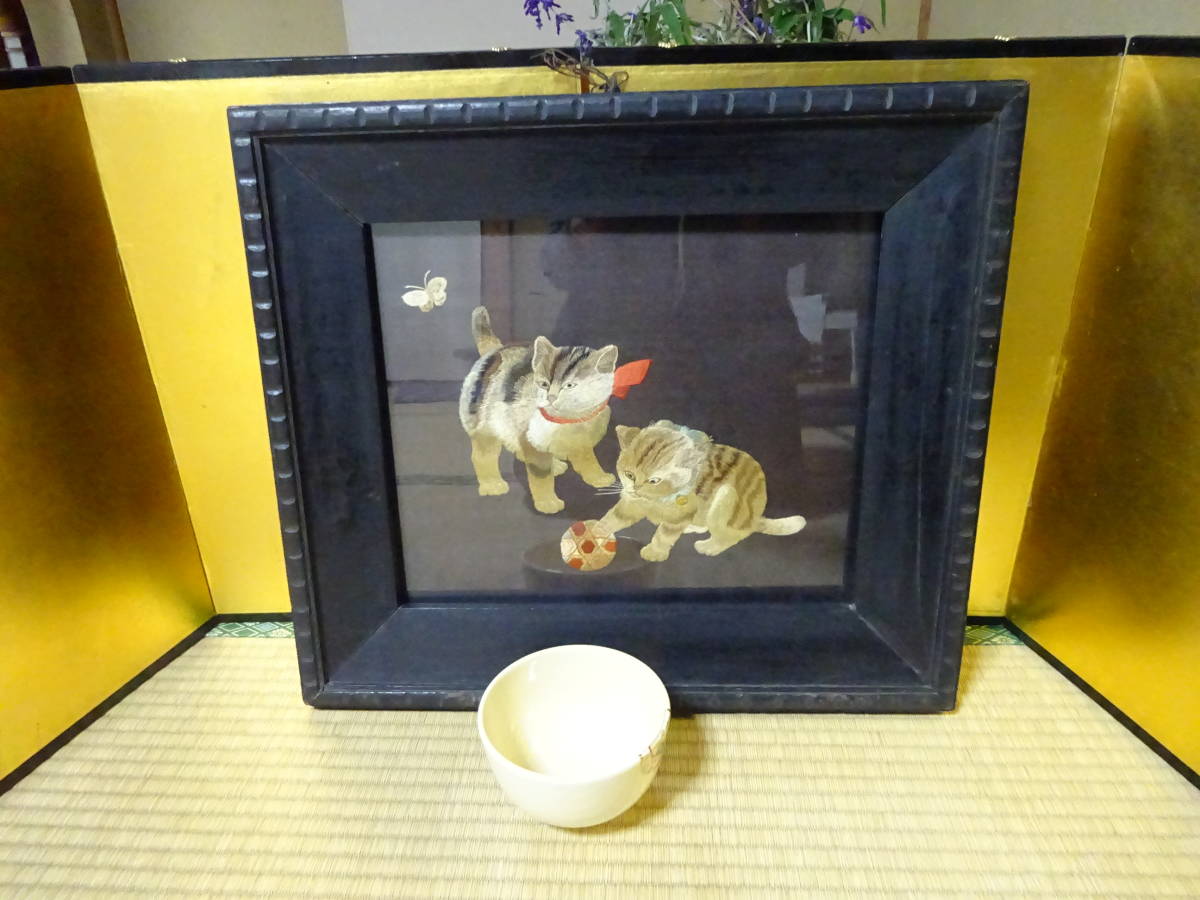 昭和レトロ/手刺繍の可愛い二匹の猫　木額入り_画像2