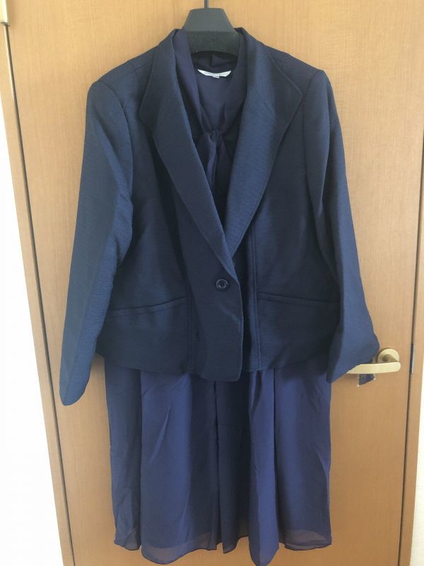  chiffon knee length one piece ribbon attaching formal jacket 3 point set 25ABR navy, white [WA-288]