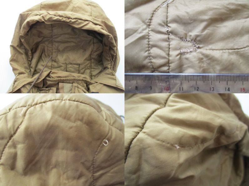 本物　米軍 実物 ハッピースーツ WILD THINGS　ワイルドシングス　USMC　プリマロフト　PARKA EXTREME COLD　size: Medium-Short#　5 _(上)裂けの手縫い補修(下)ステッチ抜け箇所