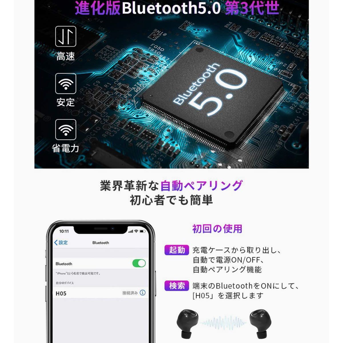 Bluetooth 5.0第三世代 完全ワイヤレスイヤホン 自動ペアリング 