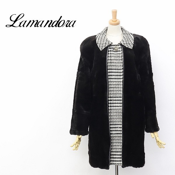 ◆Lamandora/ラマンドラ 最高級 ウィーゼルファー×カシミヤ混 ツイード レイヤード風 デザイン コート ダークブラウン F