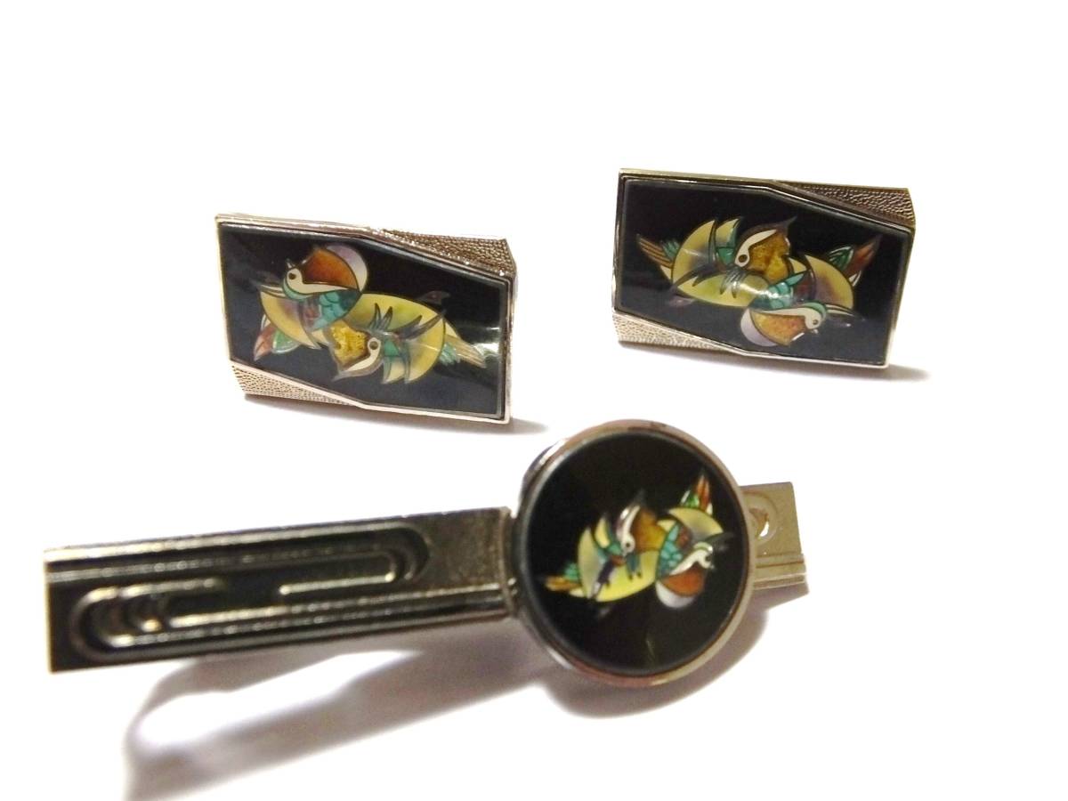 TADAYASU 洋銀 おしどりモチーフ カフス タイピン セット 甲冑の忠保 japanese Mandarin duck enamel cufflinks_画像1