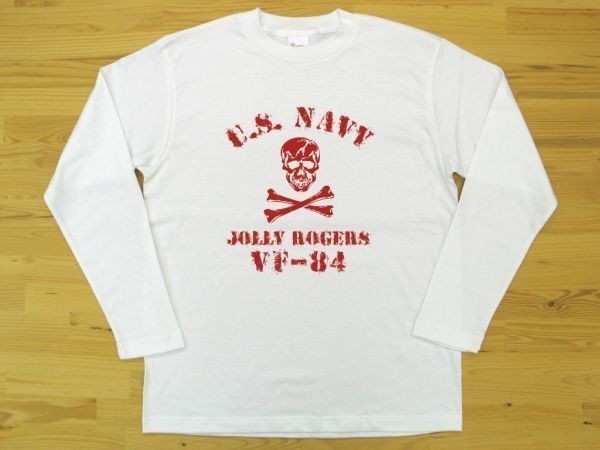 JOLLY ROGERS VF-84 白 5.6oz 長袖Tシャツ 赤 M ミリタリー ジョリーロジャース スカル ドクロ U.S. NAVY_白（赤色プリント）