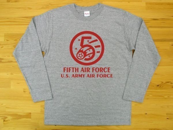 5th AIR FORCE 杢グレー 5.6oz 長袖Tシャツ 赤 XL ミリタリー U.S. ARMY AIR FORCE FIFTH_杢グレー（赤色プリント）