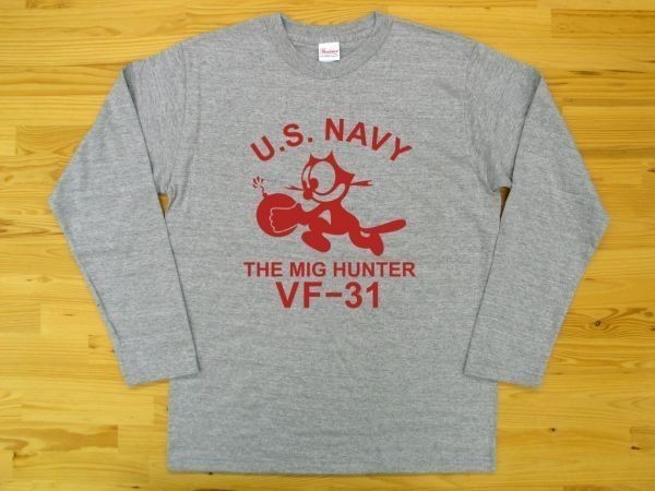 U.S. NAVY VF-31 杢グレー 5.6oz 長袖Tシャツ 赤 3XL 大きいサイズ ミリタリー トムキャット VFA-31 USN_杢グレー（赤色プリント）
