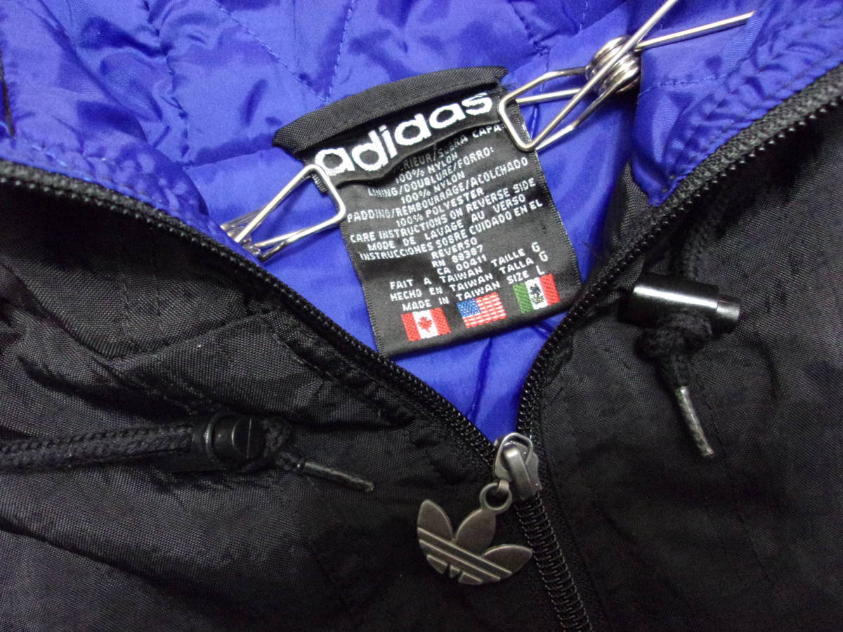90's adidas 黒×青 ベンチコート size L 90年代 アディダス ナイロン ラグラン スリーライン 中綿 パーカー フーデッド ジャケット 上着 90's adidas 黒×青 ベンチコート size L 90年代 アディダス ナイロン ラグラン スリーライン 中綿 パーカー フーデッド ジャケット 上着
