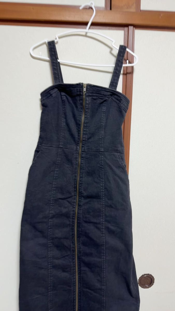 デニムワンピース キャミワンピース ロング丈 フロントジップ ブラック