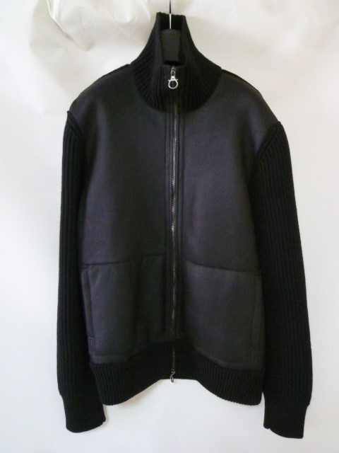 美品 フェラガモ 羊毛 皮革 ジャケット L 黒 ジップアップ ブラック ムートン ラムレザー ウール ブラック 高級