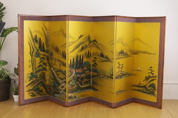 秀峰銘】山水図屏風 金屏風 片面 六曲 和室 家具 インテリア 秀峰銘】山水図屏風 金屏風 片面 六曲 和室 家具 インテリア
