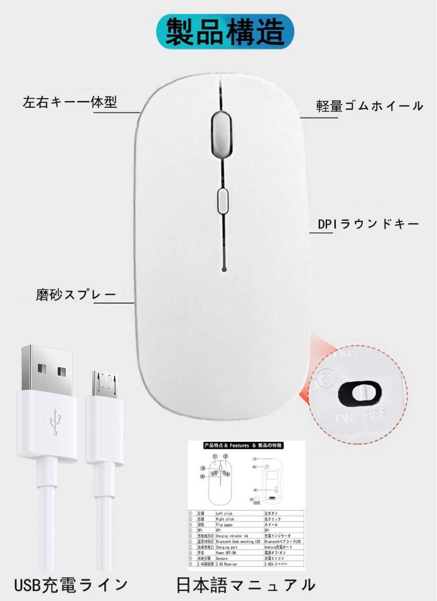 最新 スマホ対応 静音設計 ワイヤレス マウス Bluetooth 5.0 超薄型 静音 クリック音が気にならない 楽々 充電式 持ち運び　ホワイト_画像3