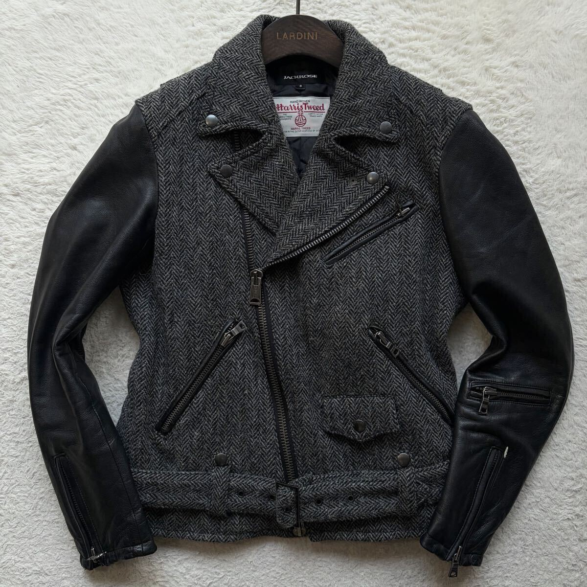 【幻のコラボ品 美品】JACKROSE×ハリスツイード ダブルライダースジャケット ヘリンボーン 袖レザー 切替 裏地中綿キルティング グレー L_画像2