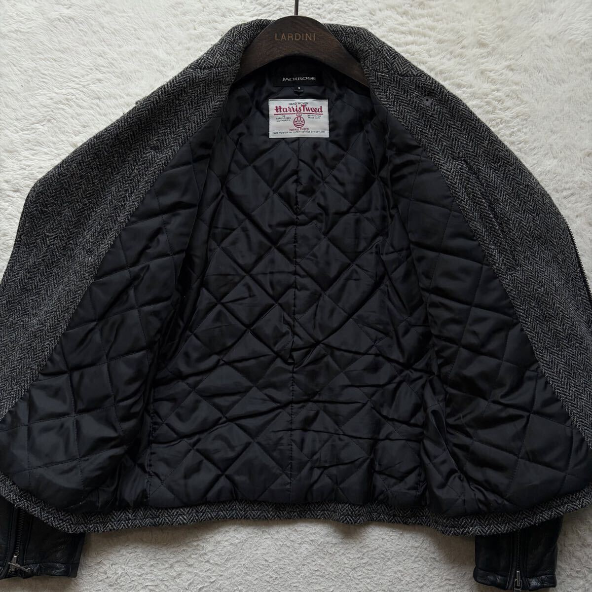 【幻のコラボ品 美品】JACKROSE×ハリスツイード ダブルライダースジャケット ヘリンボーン 袖レザー 切替 裏地中綿キルティング グレー L_画像6