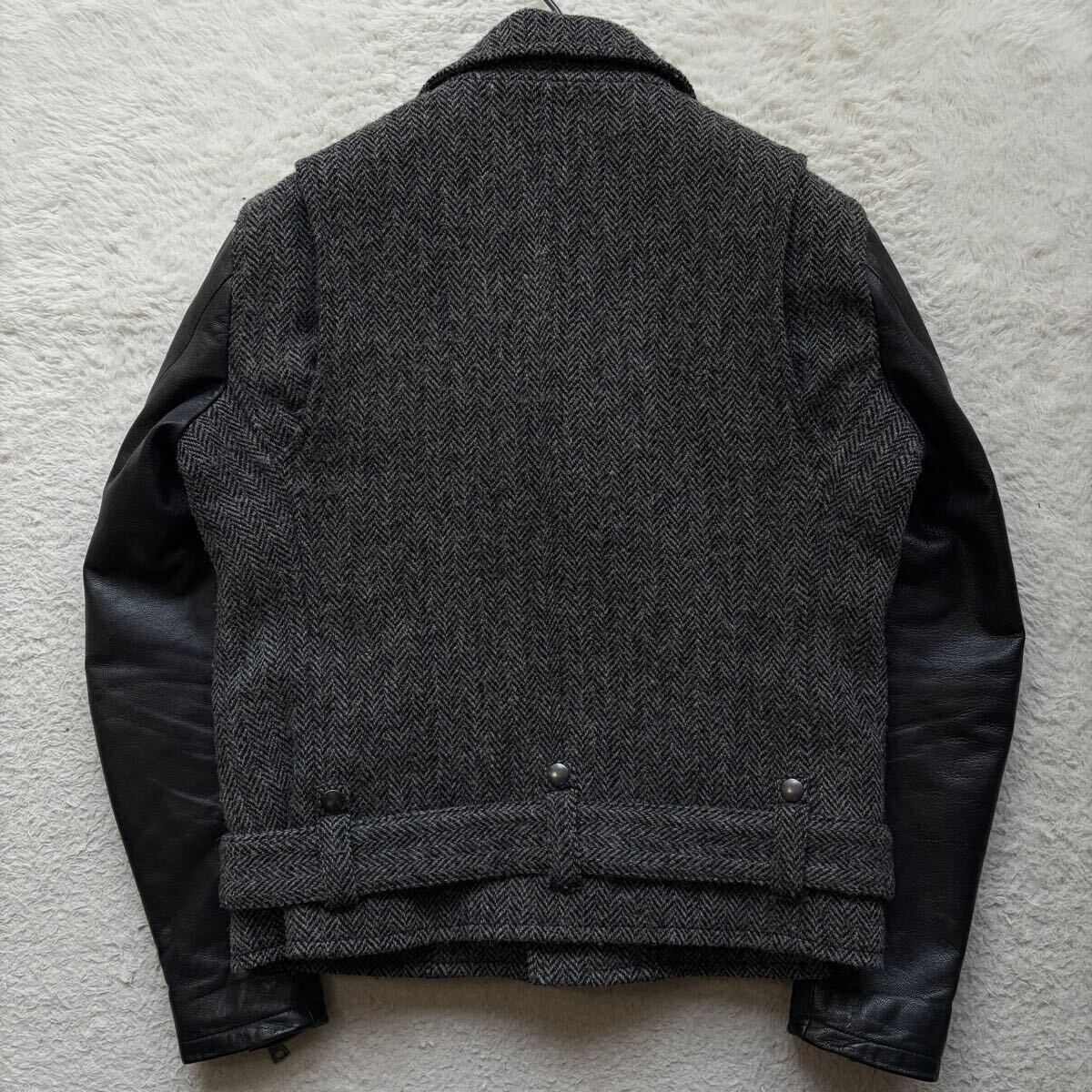 【幻のコラボ品 美品】JACKROSE×ハリスツイード ダブルライダースジャケット ヘリンボーン 袖レザー 切替 裏地中綿キルティング グレー L_画像10