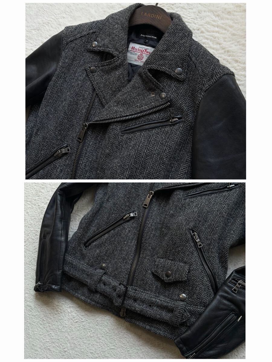 【幻のコラボ品 美品】JACKROSE×ハリスツイード ダブルライダースジャケット ヘリンボーン 袖レザー 切替 裏地中綿キルティング グレー L_画像3
