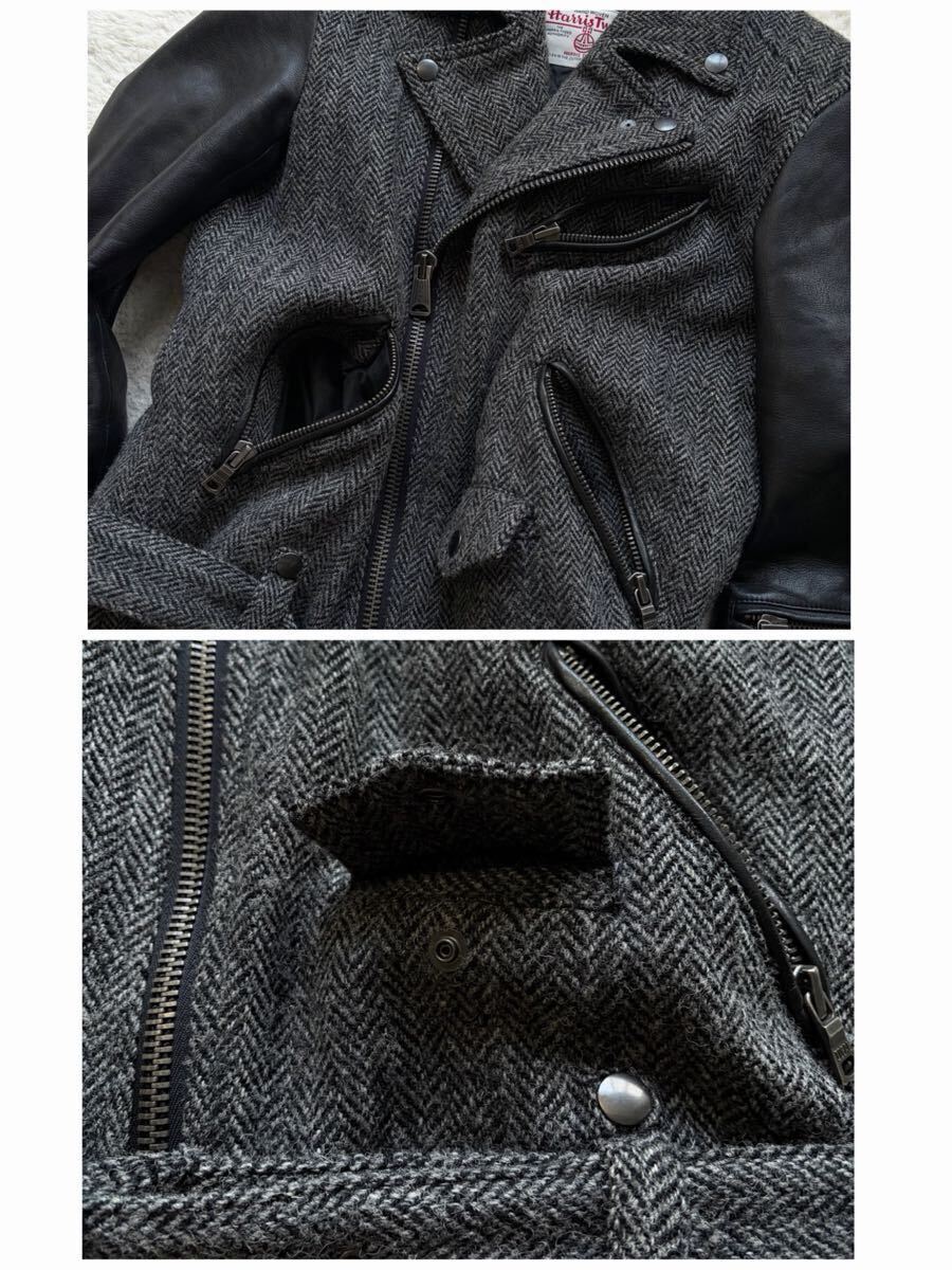 【幻のコラボ品 美品】JACKROSE×ハリスツイード ダブルライダースジャケット ヘリンボーン 袖レザー 切替 裏地中綿キルティング グレー L_画像4