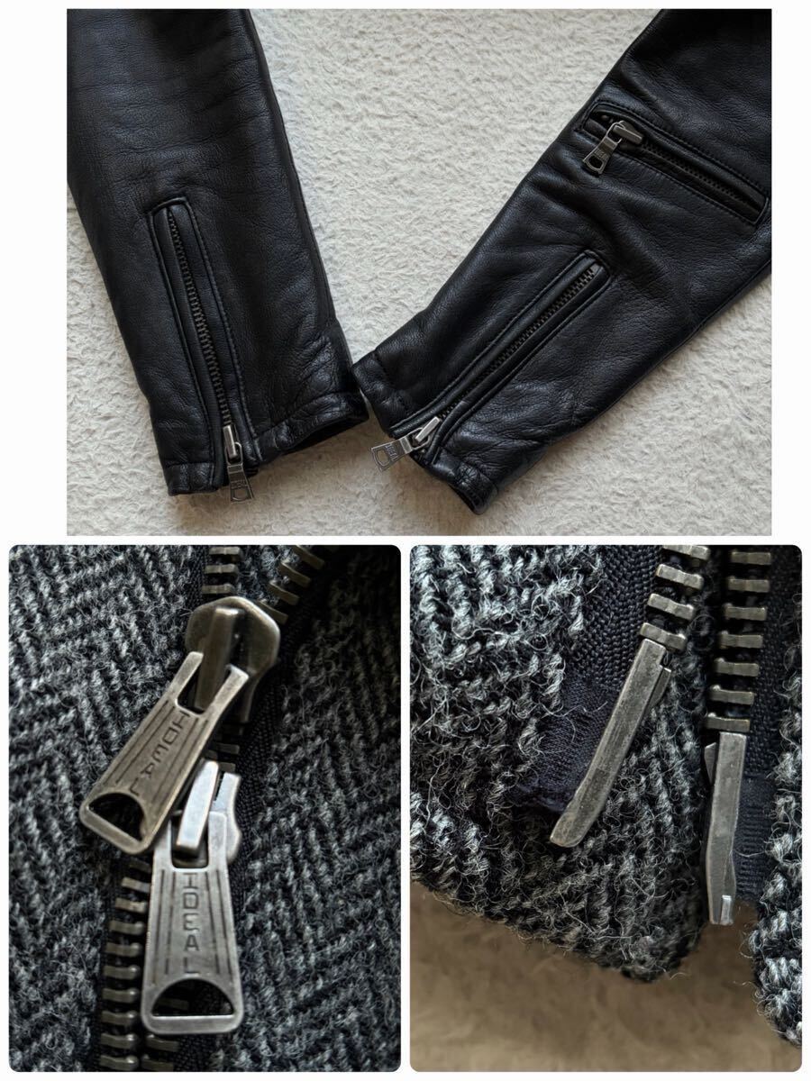 【幻のコラボ品 美品】JACKROSE×ハリスツイード ダブルライダースジャケット ヘリンボーン 袖レザー 切替 裏地中綿キルティング グレー L_画像5