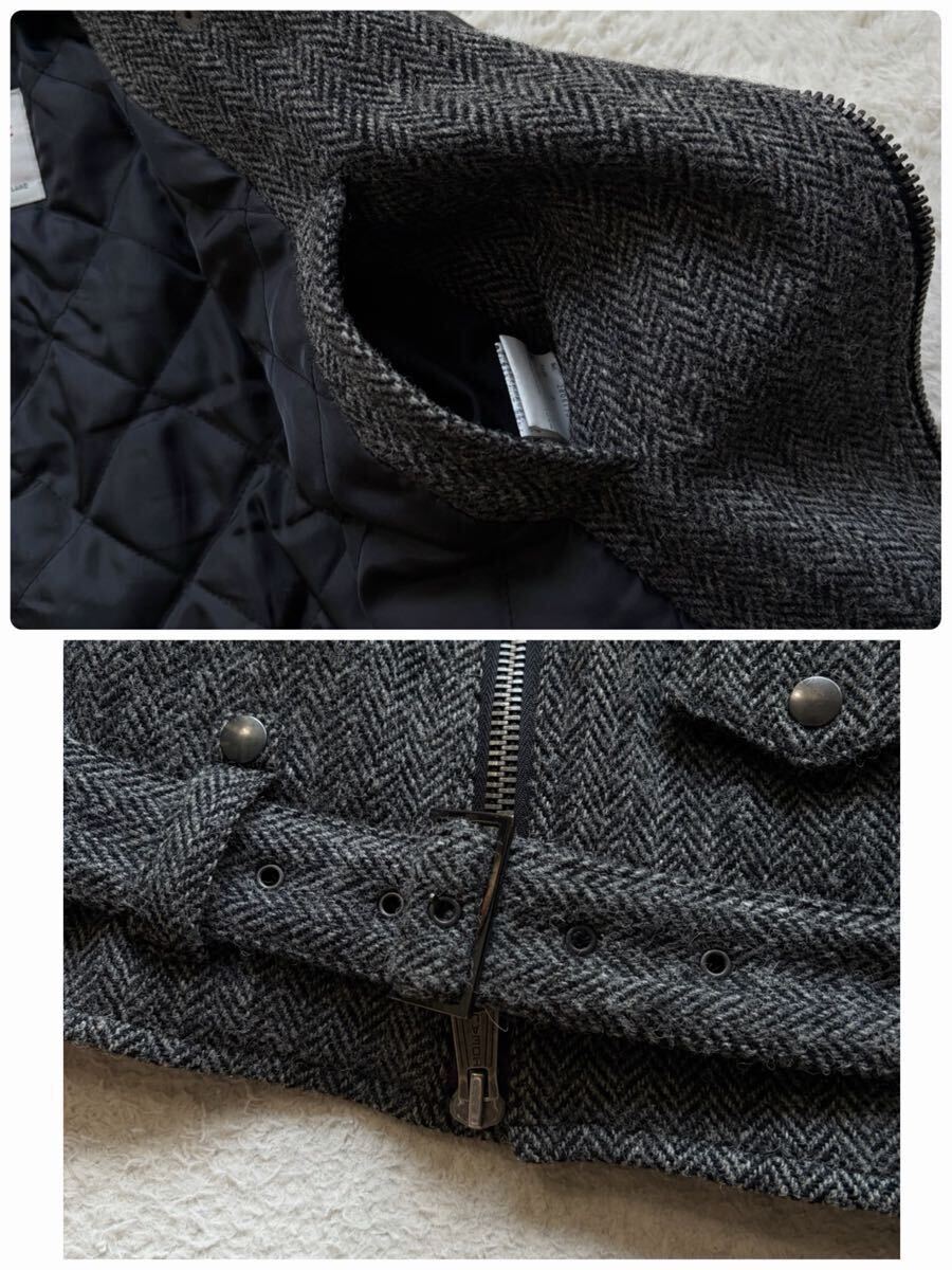 【幻のコラボ品 美品】JACKROSE×ハリスツイード ダブルライダースジャケット ヘリンボーン 袖レザー 切替 裏地中綿キルティング グレー L_画像9