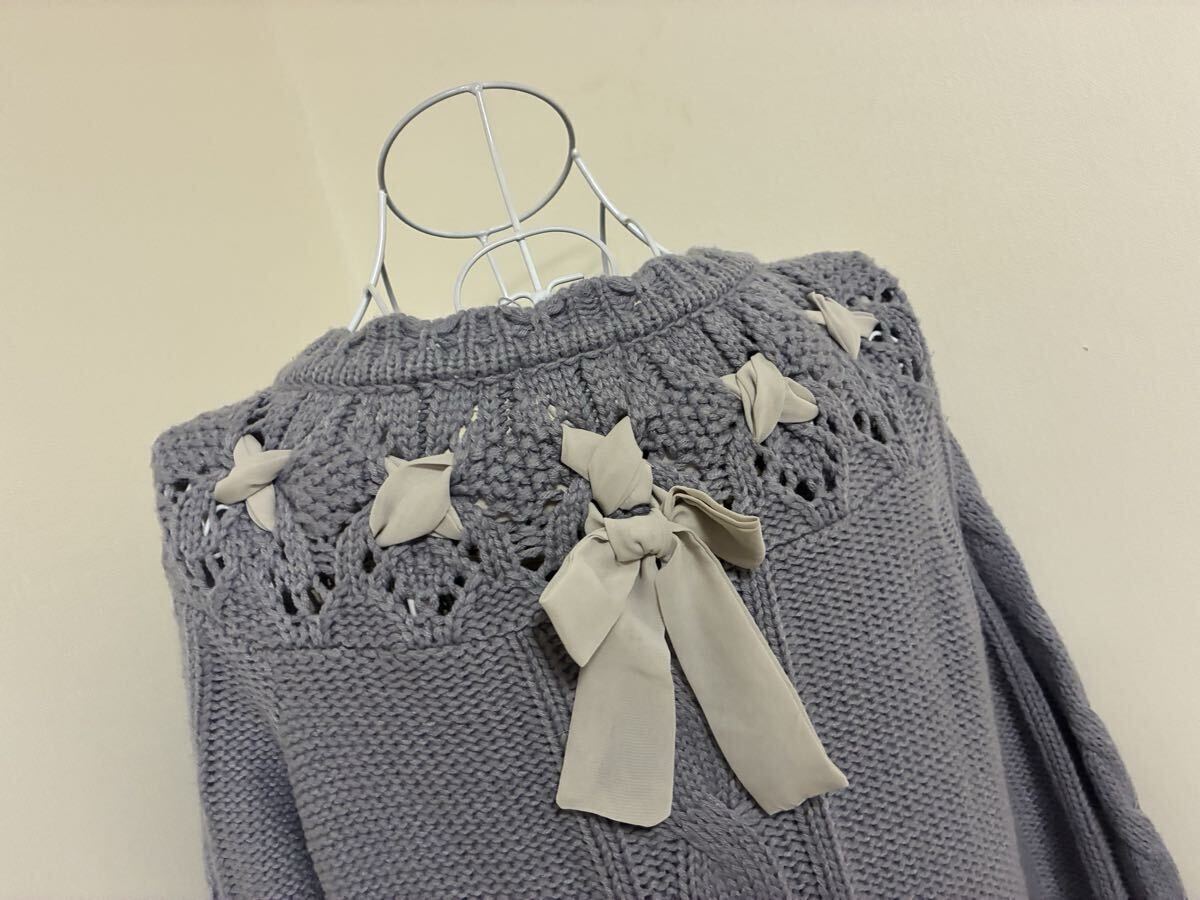 アクシーズファム☆レースアップシフォン飾りケーブル編みロングニットワンピース☆used _画像6