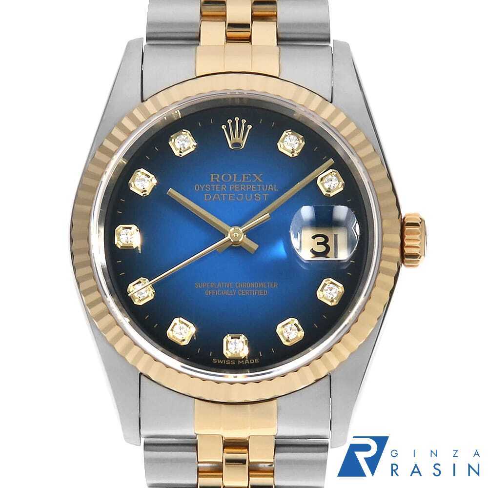ロレックス デイトジャスト 10Pダイヤ 16233G ブルー グラデーション T番 中古 メンズ 腕時計 14GMROAU0309_画像1