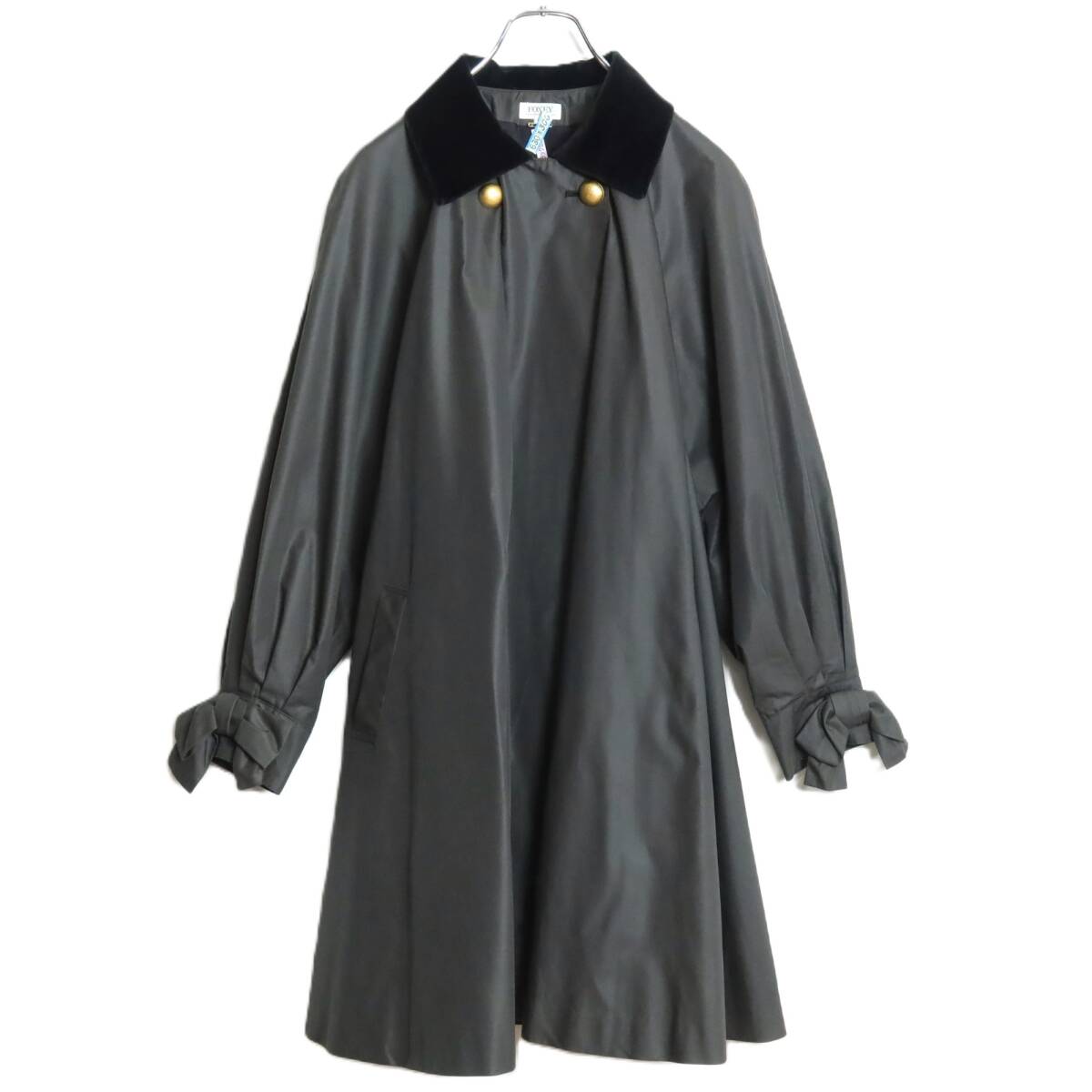 FOXEY ブティックライン★大人上品♪ハーフコート サイズF チャコール系 ベロアの襟付き♪無地 z15210_画像1