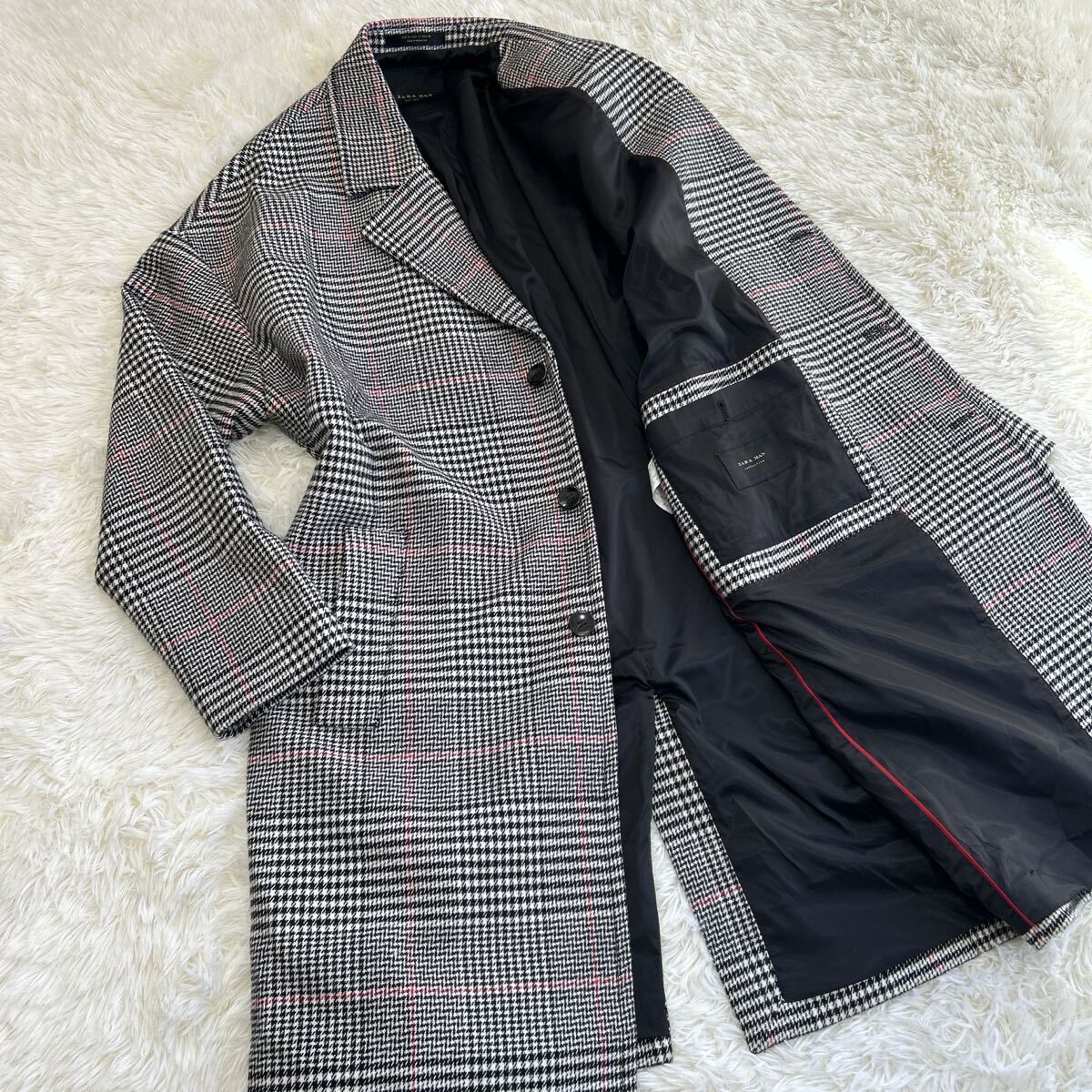 美品/Lサイズ★ザラ『抜群の存在感』ZARA MAN チェスターコート ロングコート 千鳥格子柄 グレンチェック ウール メンズ _画像1