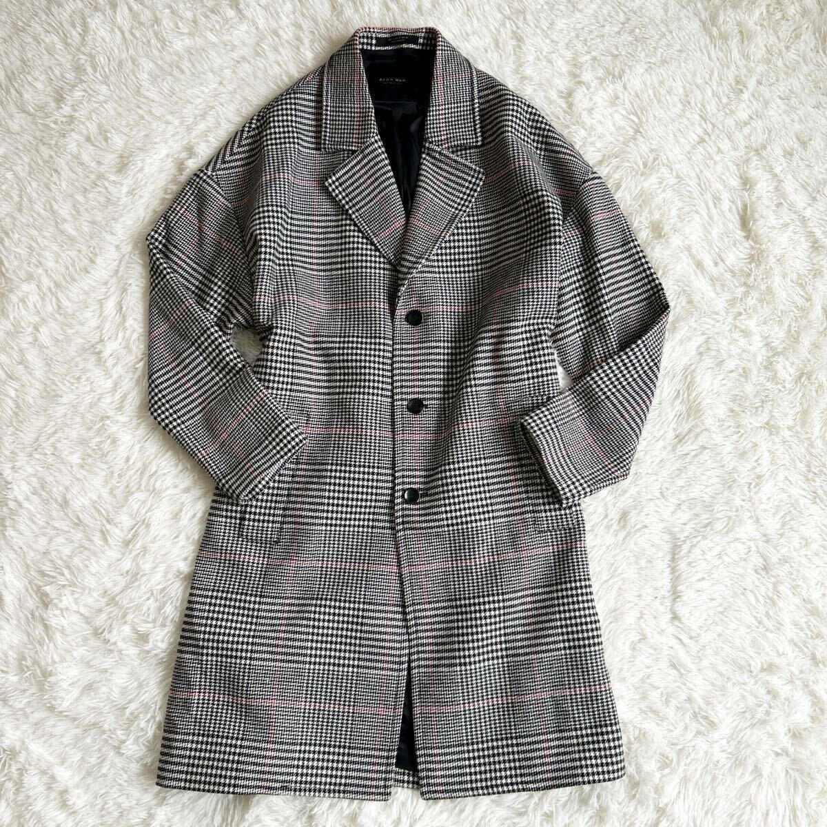 美品/Lサイズ★ザラ『抜群の存在感』ZARA MAN チェスターコート ロングコート 千鳥格子柄 グレンチェック ウール メンズ _画像2