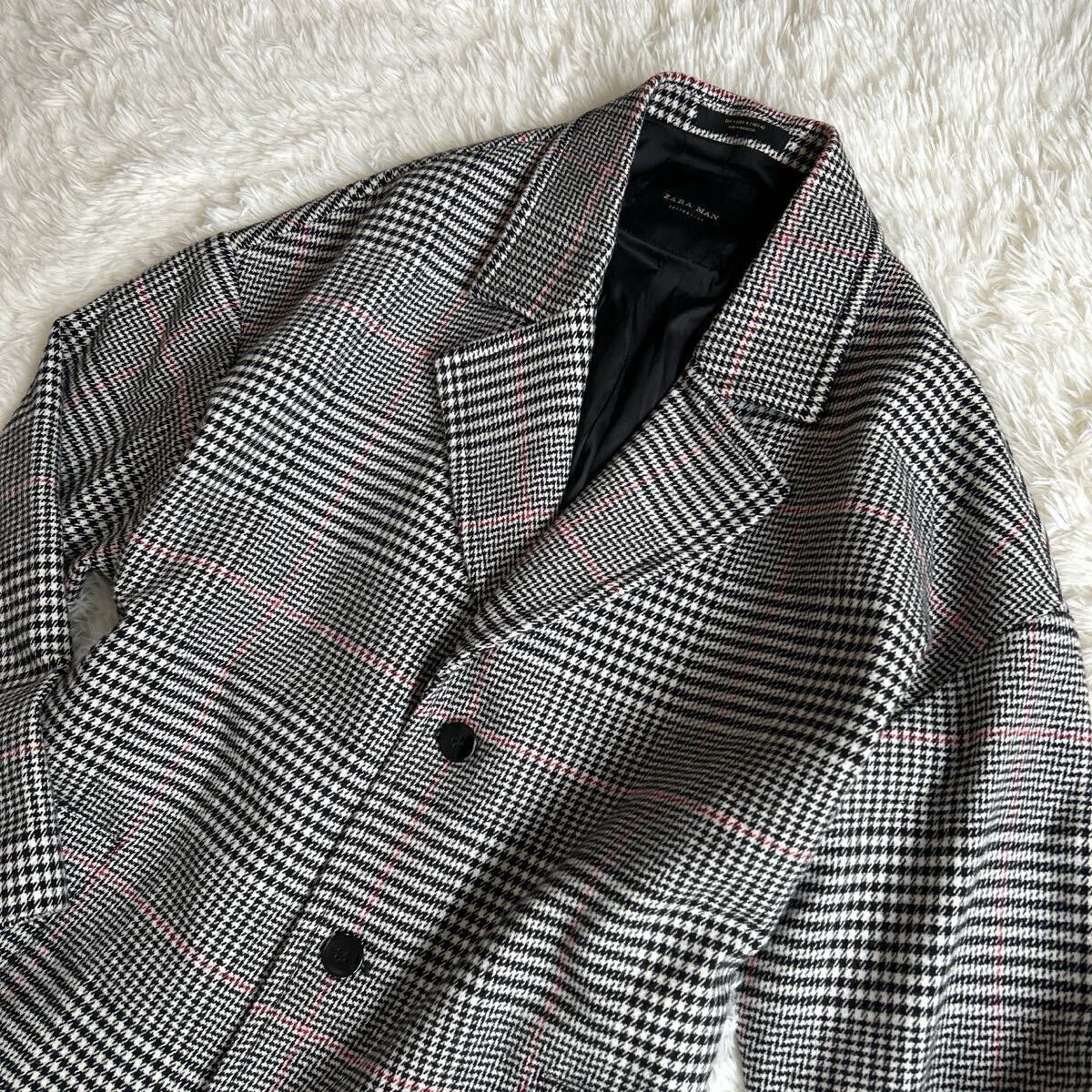 美品/Lサイズ★ザラ『抜群の存在感』ZARA MAN チェスターコート ロングコート 千鳥格子柄 グレンチェック ウール メンズ _画像3