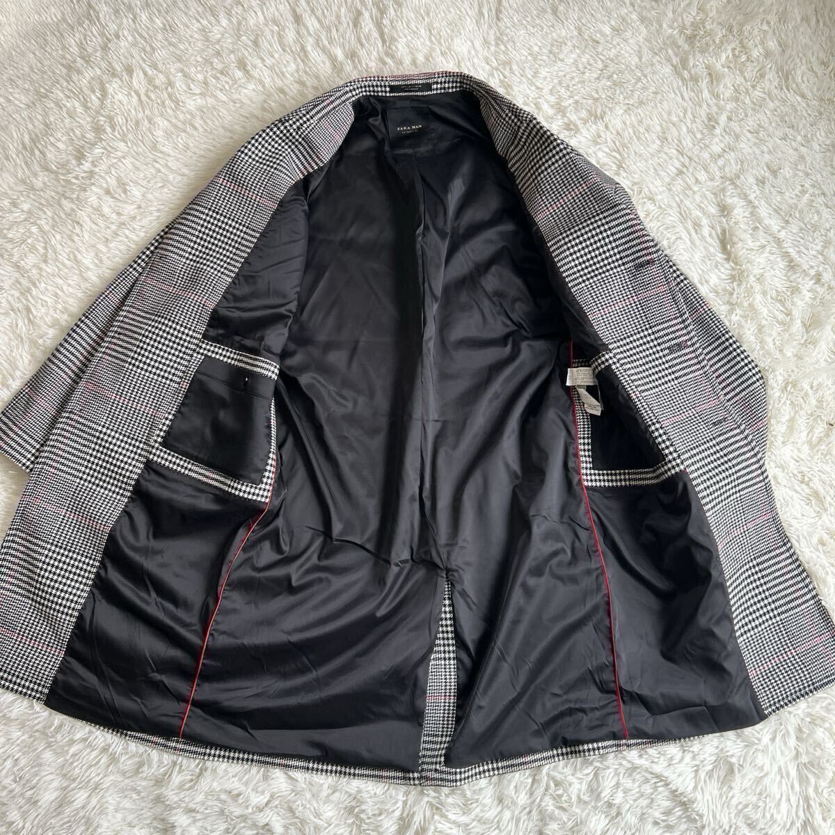 美品/Lサイズ★ザラ『抜群の存在感』ZARA MAN チェスターコート ロングコート 千鳥格子柄 グレンチェック ウール メンズ _画像6