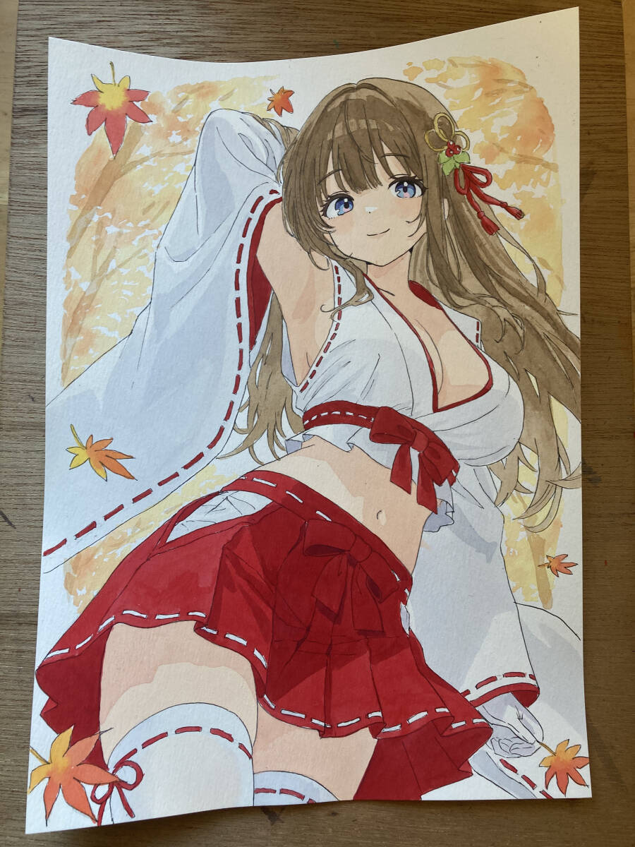 [1 пункт предмет ] ручные иллюстрации [ способ .... женщина. ..]. женщина осень . лист прекрасный девушка симпатичный акрил краситель оригинал A4 размер 