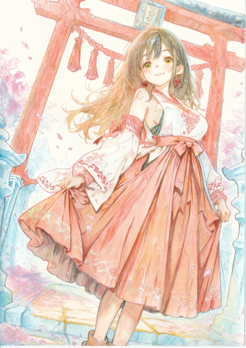 [ акварельная живопись ] Sakura . Mai . оригинал ручные иллюстрации A4 размер аналог симпатичный девочка один пункт предмет исходная картина 