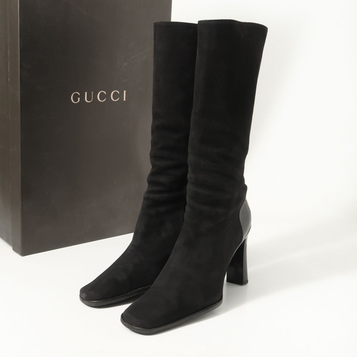 GS3519△イタリア製 GUCCI グッチ 37.5C/24.5cm相当 スエードレザー×パテント サイドファスナー スクエアトゥ ロングブーツ 靴 ブラック系_画像1