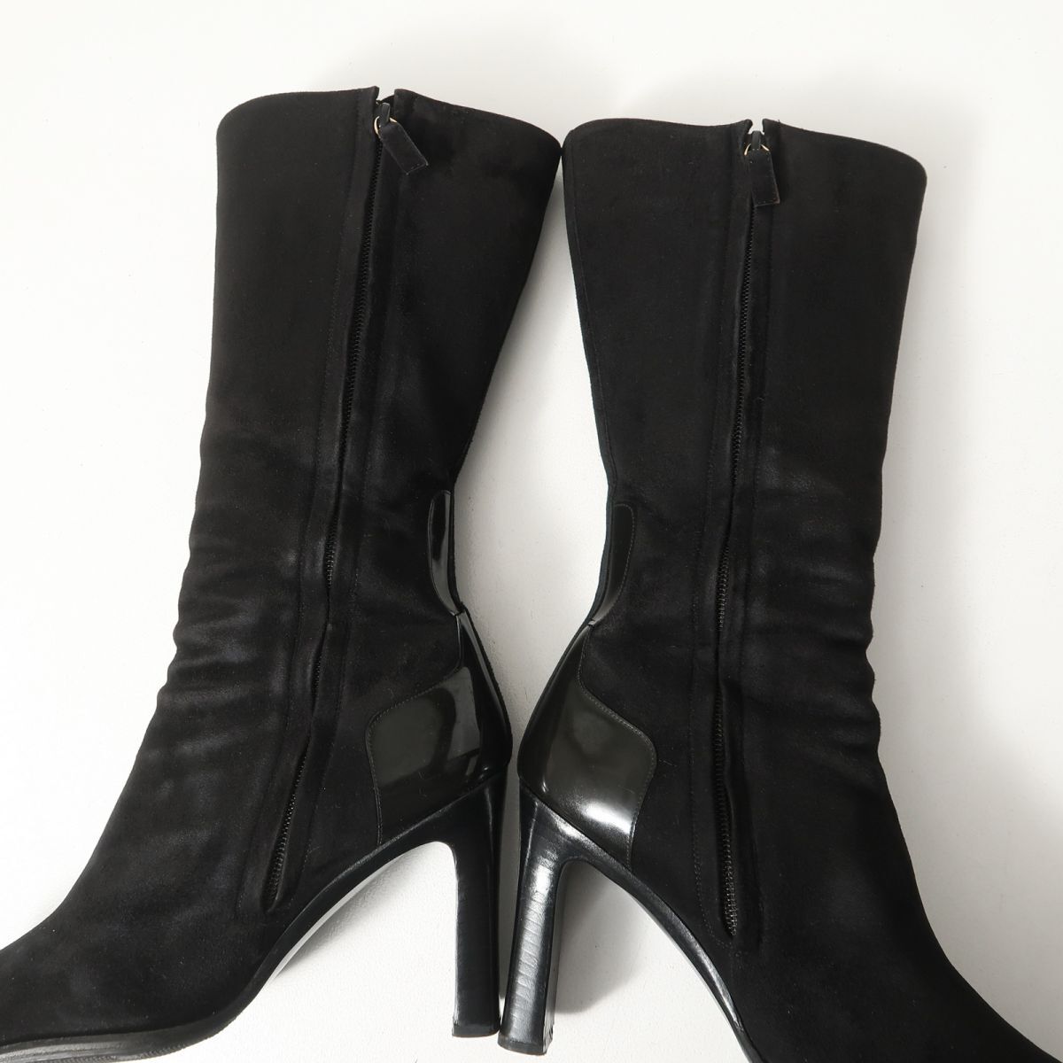 GS3519△イタリア製 GUCCI グッチ 37.5C/24.5cm相当 スエードレザー×パテント サイドファスナー スクエアトゥ ロングブーツ 靴 ブラック系_画像4