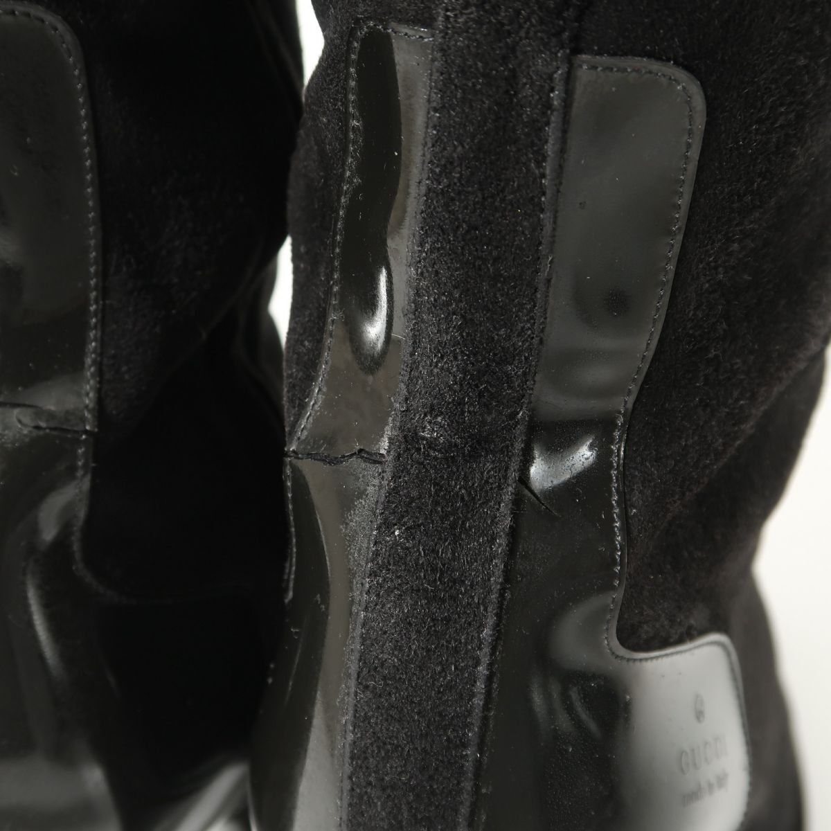 GS3519△イタリア製 GUCCI グッチ 37.5C/24.5cm相当 スエードレザー×パテント サイドファスナー スクエアトゥ ロングブーツ 靴 ブラック系_画像8