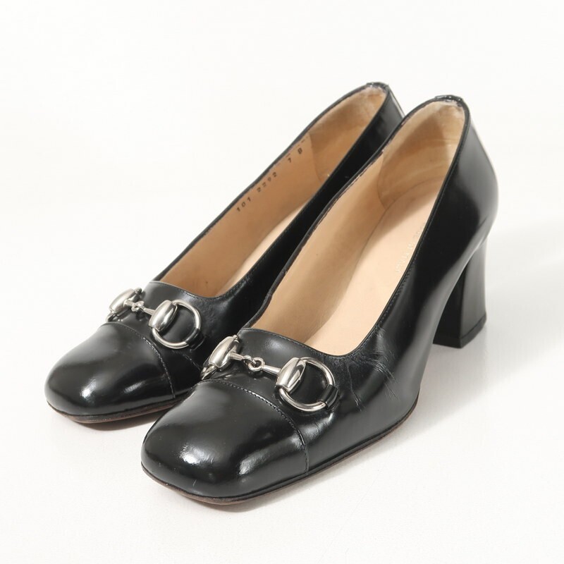 SGS4976〇イタリア製*GUCCI グッチ*ホースビット レザー チャンキーヒール パンプス*7B(24cm相当)*靴*ブラック_画像1