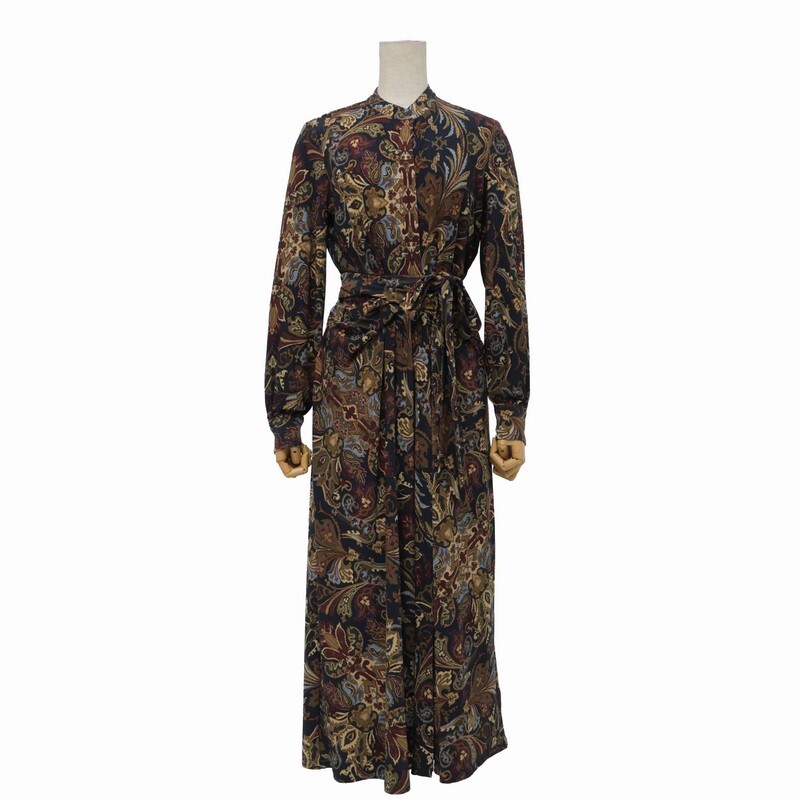 TJ7215〇ローレンラルフローレン*ジャージー*ペイズリー柄 総柄*ウエスト紐*ロングワンピース*サイズM*ネイビー系/マルチカラー_画像1