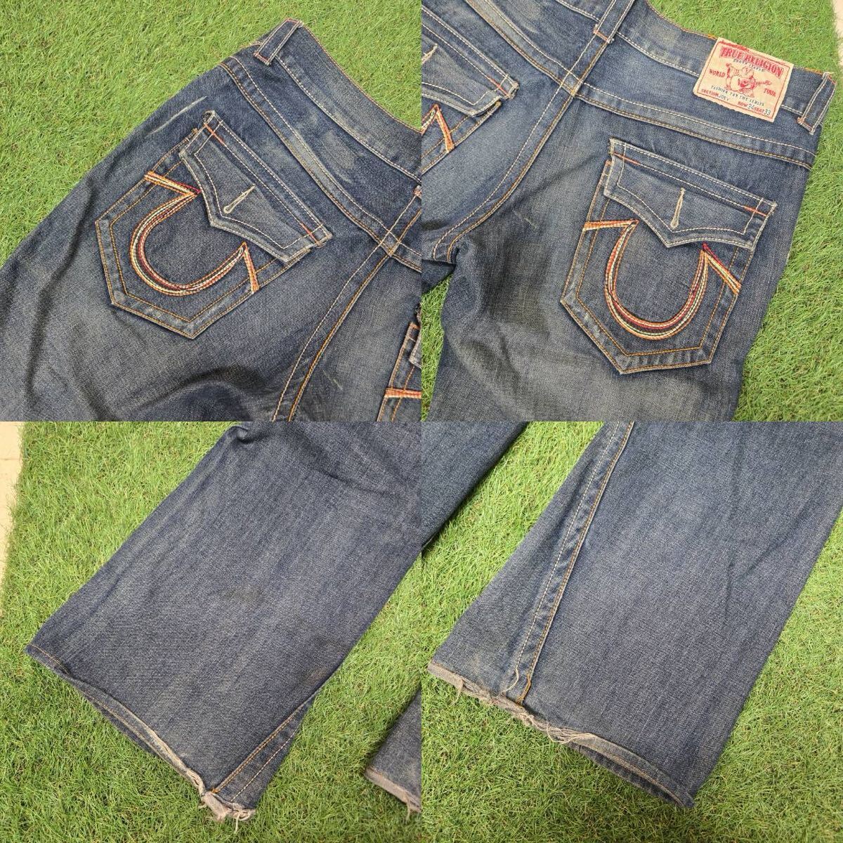 TRUE RELIGION JOEY 34X33 ブーツカット デニムジーンズ USA製 裾ダメージ 色落ち 中古【希少】 現状品／1円スタート_画像6