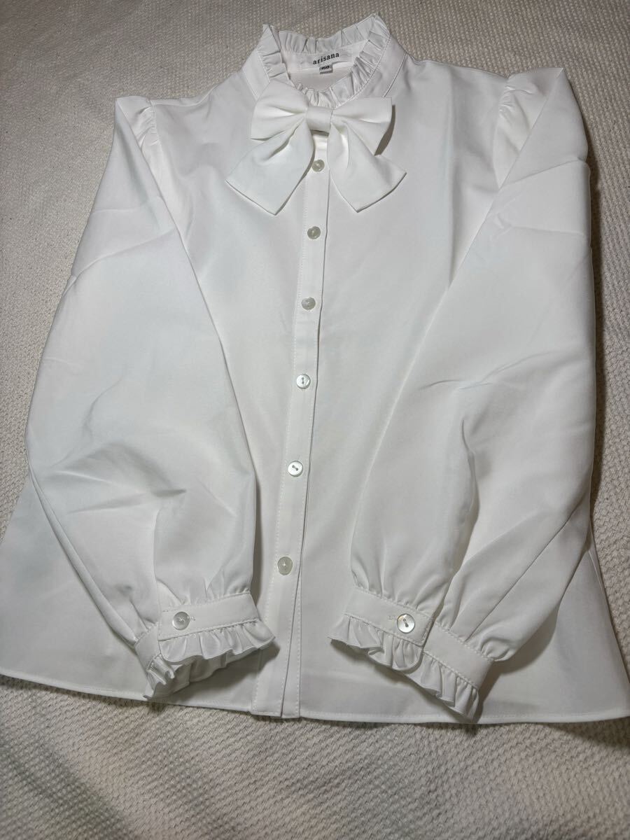 フォーマル 白長袖ブラウス 150cm リボン着脱可能、形状記憶_画像1