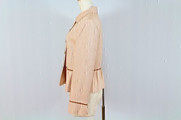 レリアン Leilian 美品 シルク混 ジャケット 行事 ビジネス オフィス Lanificio Campore 模様あり 麻混 9 肌色 レディース [874768]※_画像3