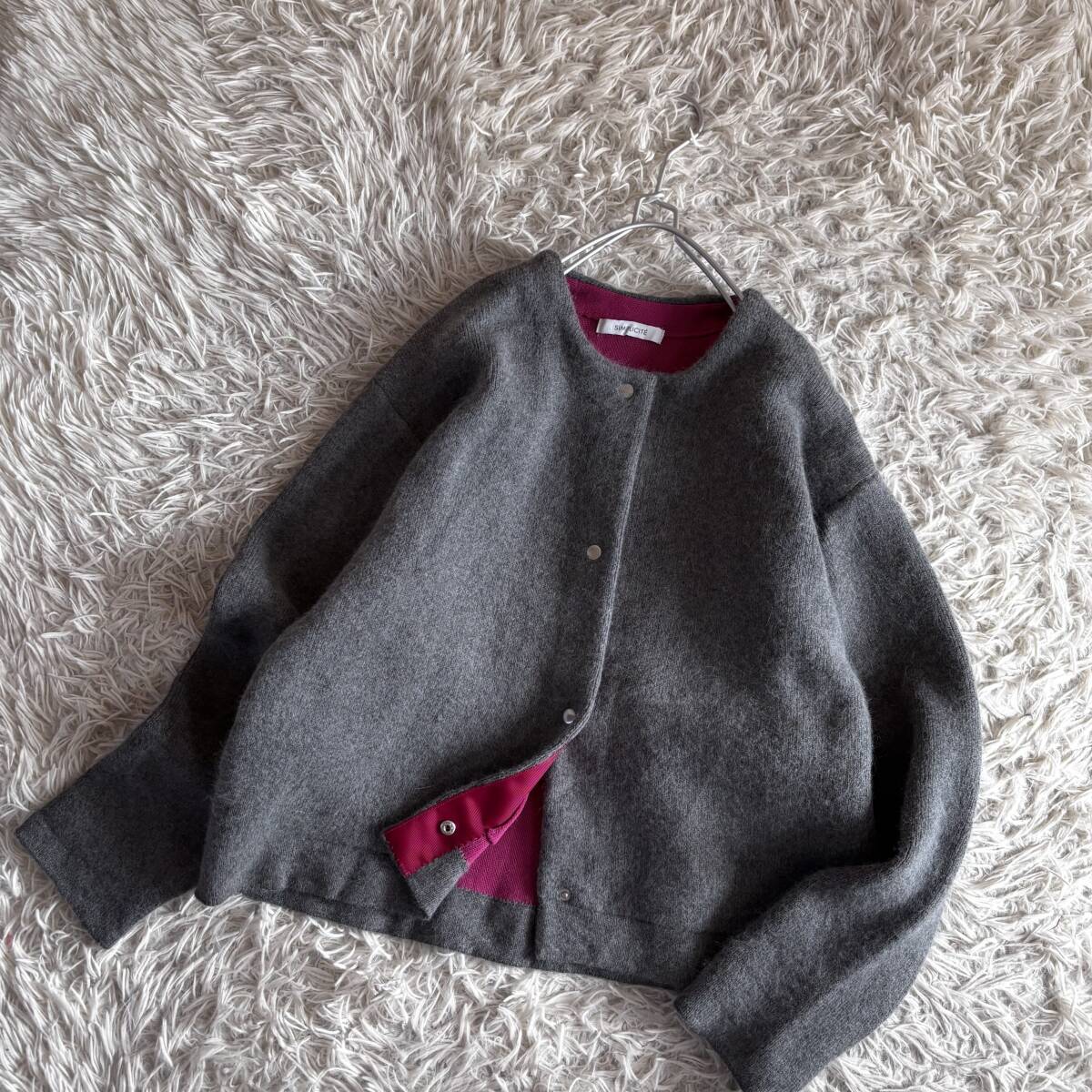 ⑤ イエナ扱い シンプリシティエ SIMPLICITE フォックス アンゴラ ノーカラー ジャケット カーディガン 大きめゆったり ワイド_画像1