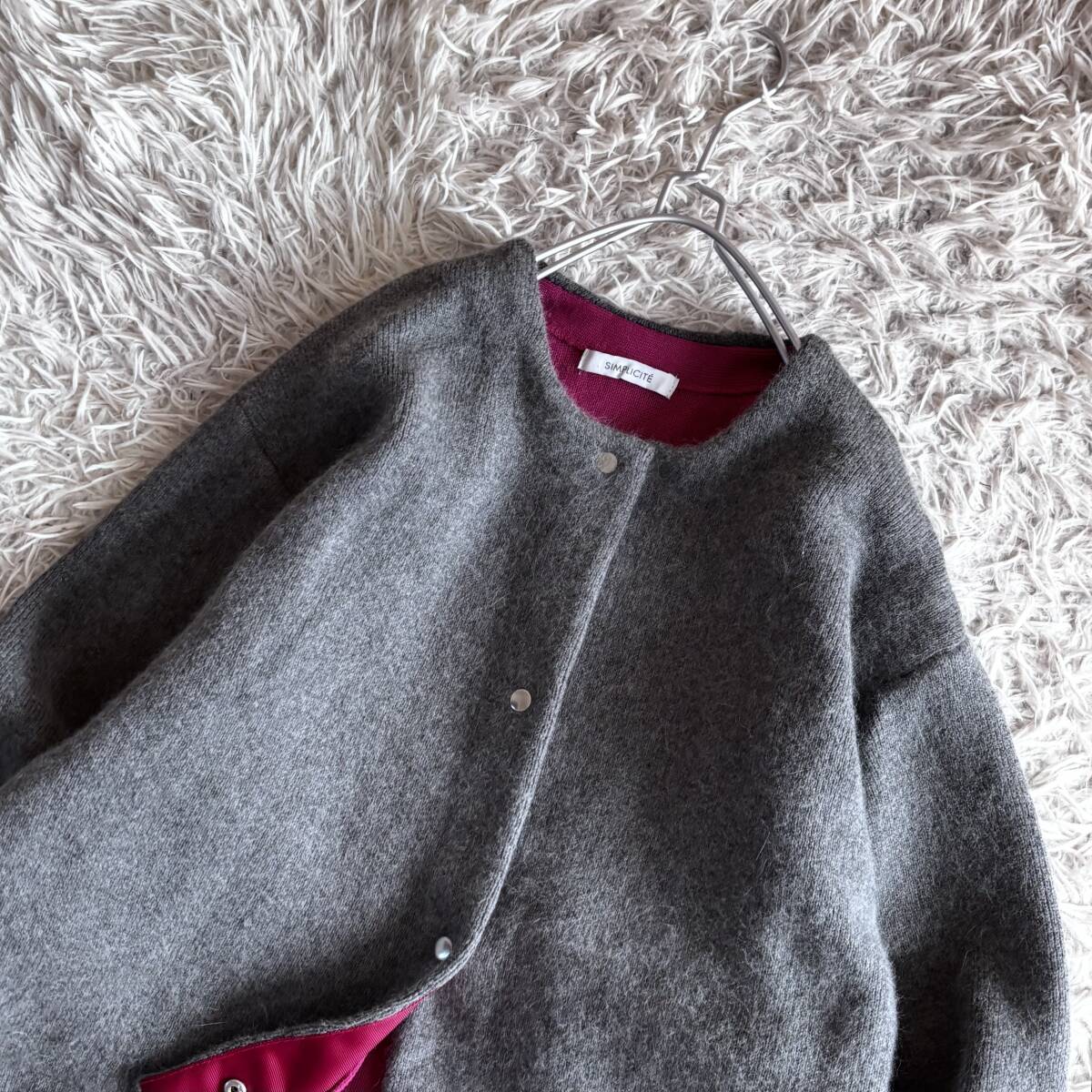 ⑤ イエナ扱い シンプリシティエ SIMPLICITE フォックス アンゴラ ノーカラー ジャケット カーディガン 大きめゆったり ワイド_画像2